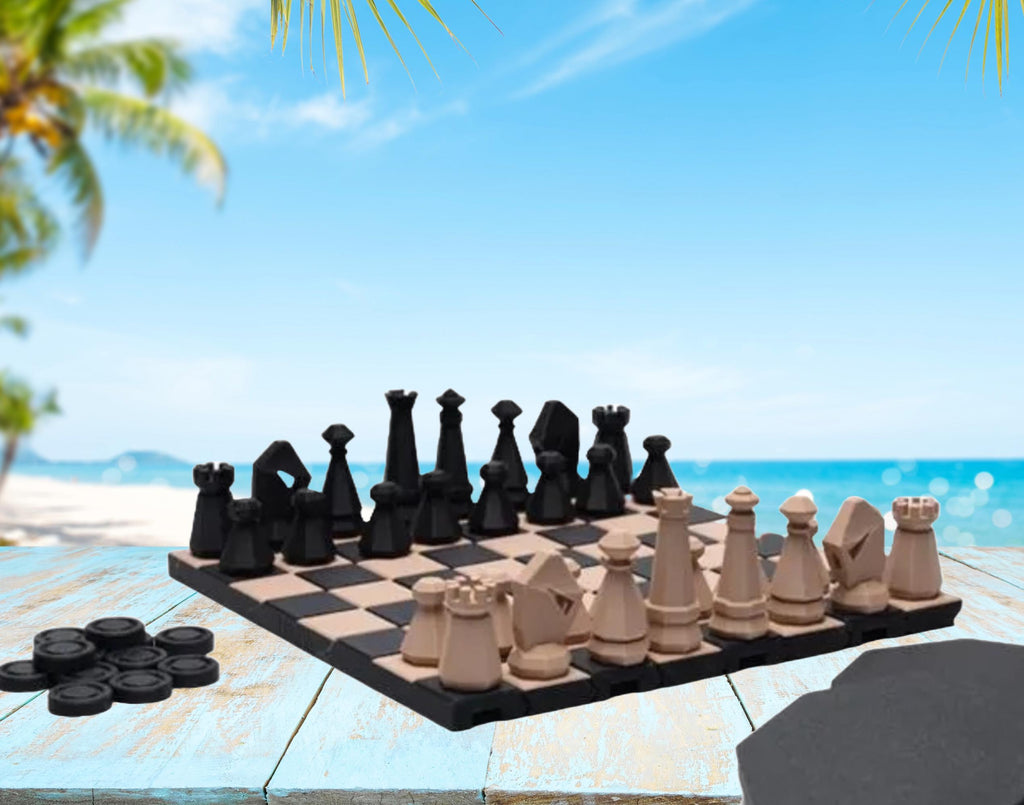 Chess & Checker Set Gift for Vacation Traveler Compact Roll Up Game Packs Easily in Backpack for Plane Waterproof Cruise and Camping Fun