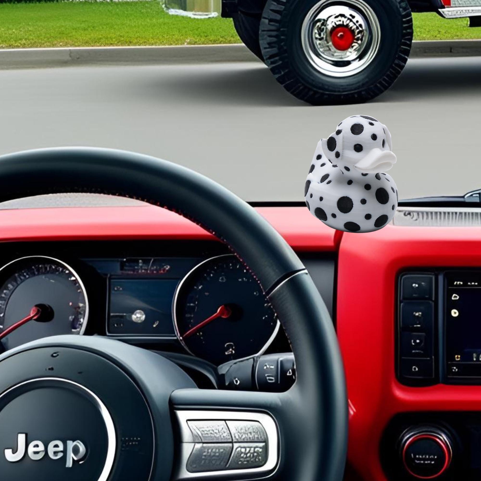 Dalmatian Duck Gift for Firefighter Fan Trail Rider Dashboard Duck Dalmatian Dog Lover Gift Party Favor for Boys Off-Road Adventure Keepsake