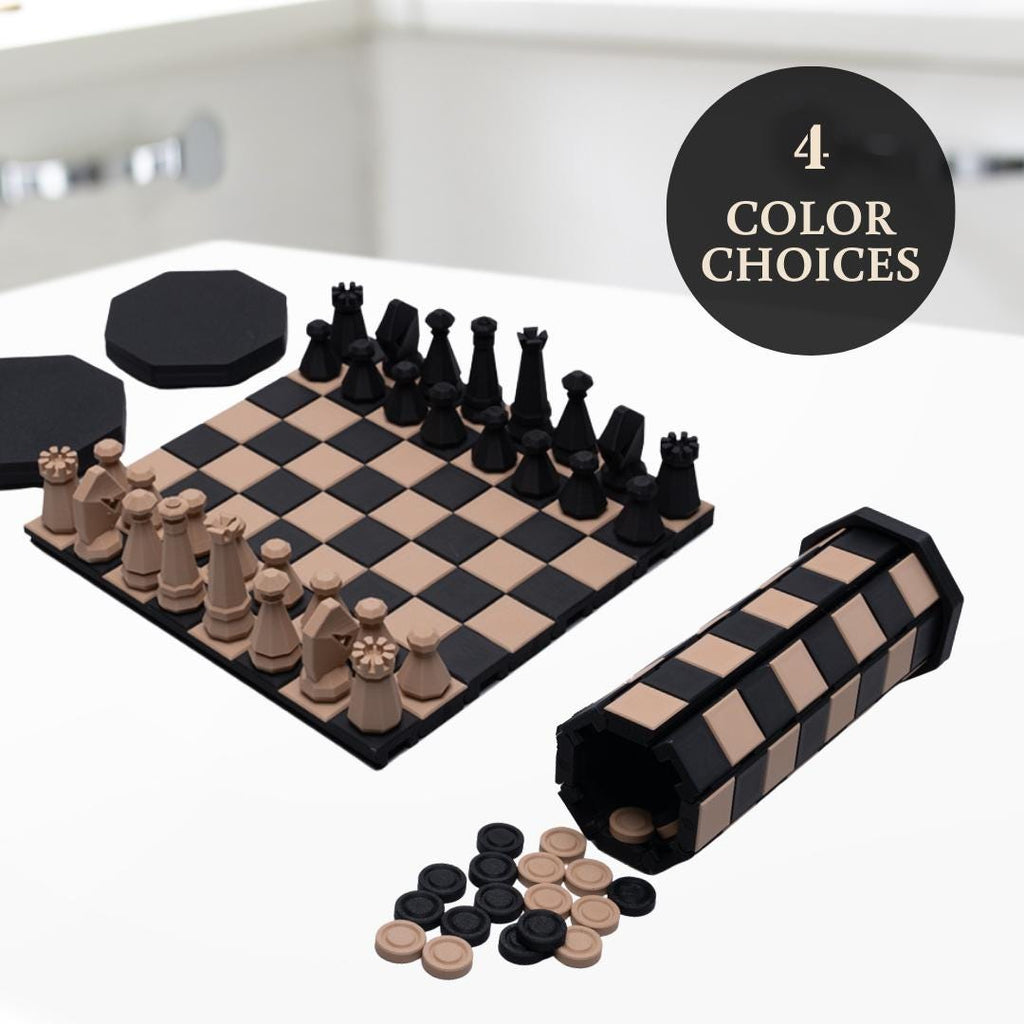 Chess & Checker Set Gift for Vacation Traveler Compact Roll Up Game Packs Easily in Backpack for Plane Waterproof Cruise and Camping Fun