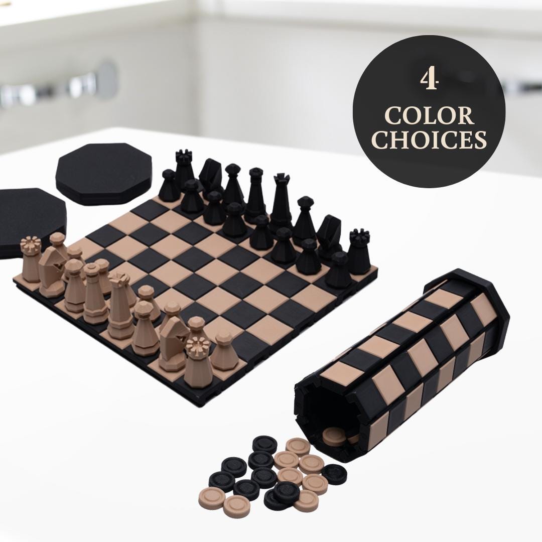 Chess & Checker Set Gift for Vacation Traveler Compact Roll Up Game Packs Easily in Backpack for Plane Waterproof Cruise and Camping Fun