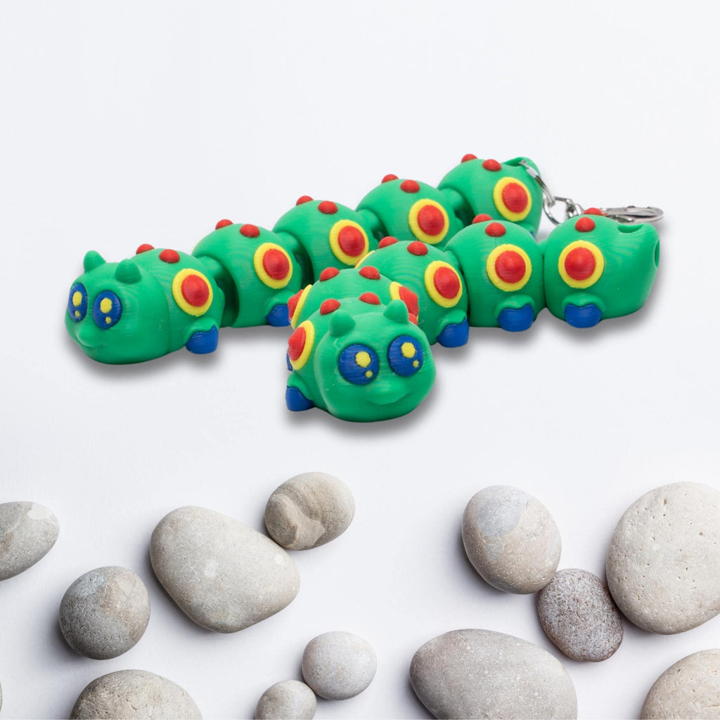 Happy Caterpillar Flexi Fidget Toy 3D Articulated Caterpillar Keychain to Clip On Backpack or as Garden Party Favor and Nature Theme Gift