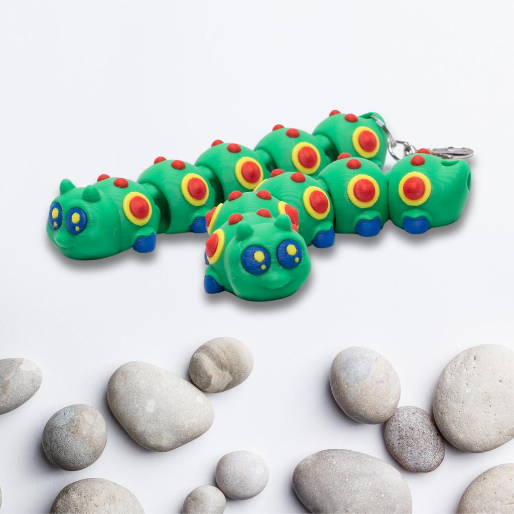 Happy Caterpillar Flexi Fidget Toy 3D Articulated Caterpillar Keychain to Clip On Backpack or as Garden Party Favor and Nature Theme Gift