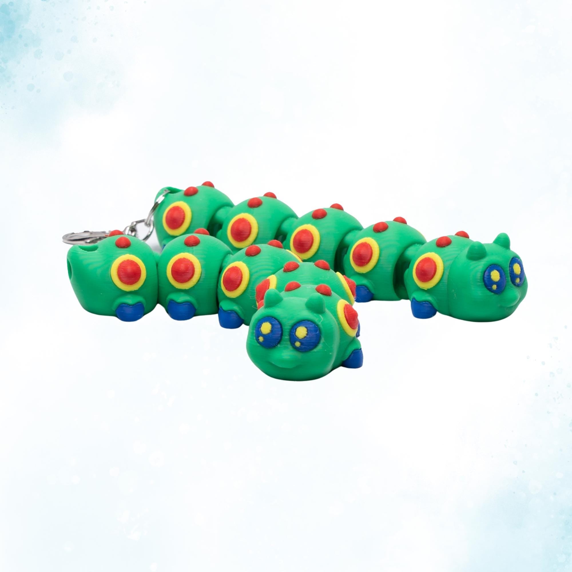 Happy Caterpillar Flexi Fidget Toy 3D Articulated Caterpillar Keychain to Clip On Backpack or as Garden Party Favor and Nature Theme Gift