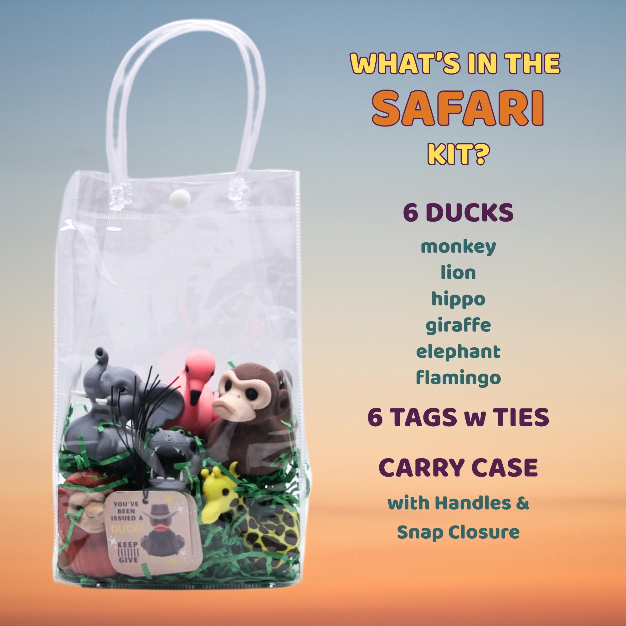 Duck Duck Kit Complete Ducking Set 6-Pack Safari Theme Ducks with Ties and Tags in Bag for Road Trip and Cruise Ducking Fun Hide and Seek