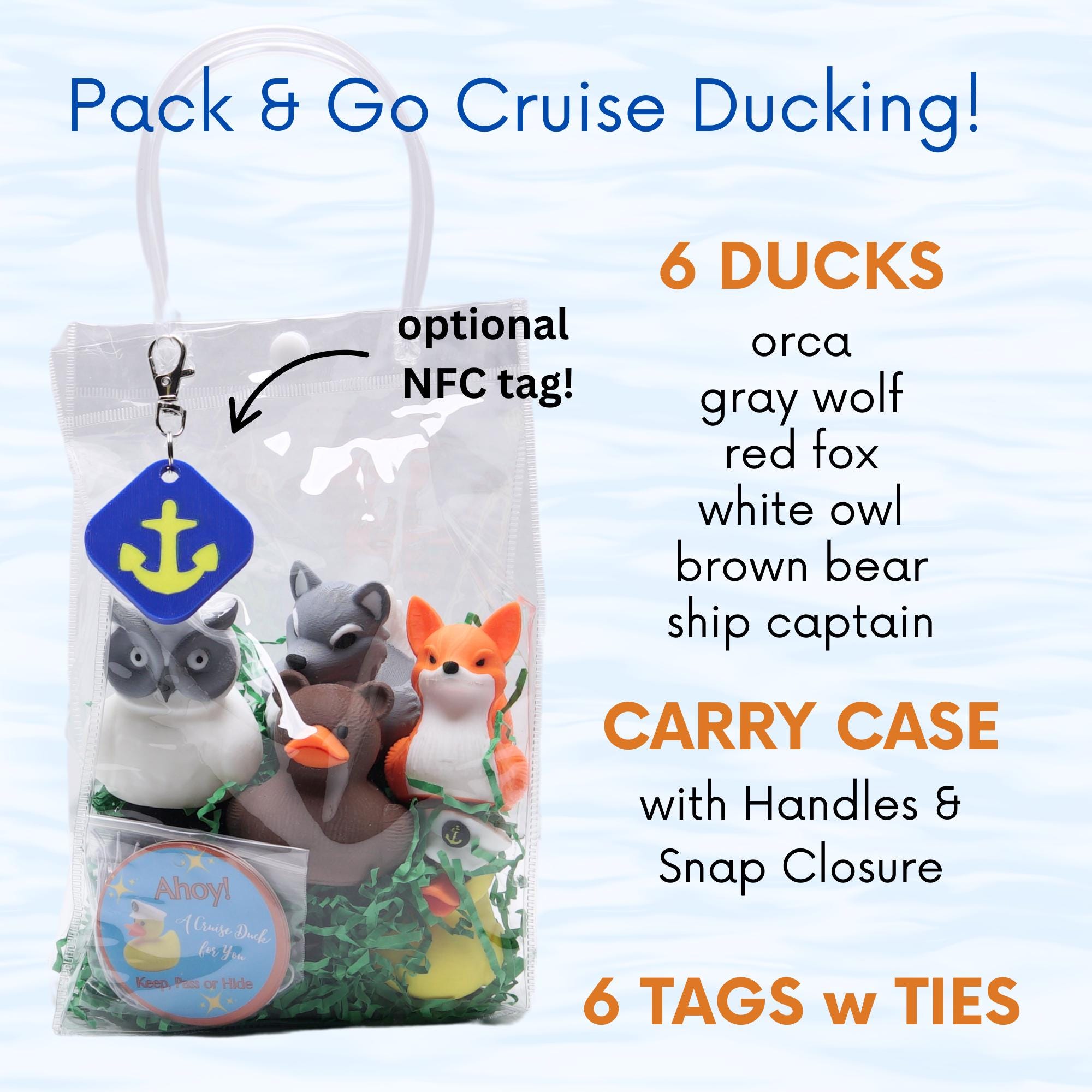 Alaskan Cruise Duck Gift Set 6 Ducks Tags & Ties in Clear Case for Hide and Seek Cruise Ducking Fun Kit Orca Wolf Fox Bear Owl Captain Ducks