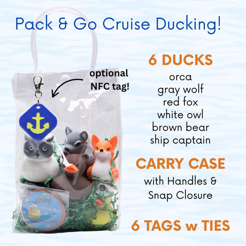Alaskan Cruise Duck Gift Set 6 Ducks Tags & Ties in Clear Case for Hide and Seek Cruise Ducking Fun Kit Orca Wolf Fox Bear Owl Captain Ducks