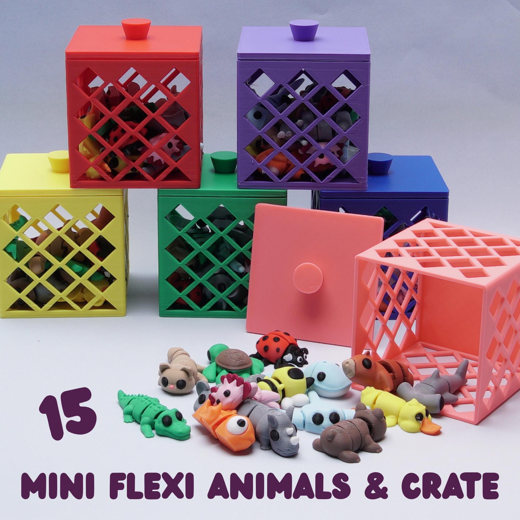 Mini Animal Fidget Toy Set 15 Pocket Pal Baby Animals in 3D Printed Crate Cute Party Favor, Desk Toy, Stress Relief Gift Idea for Kids Teens