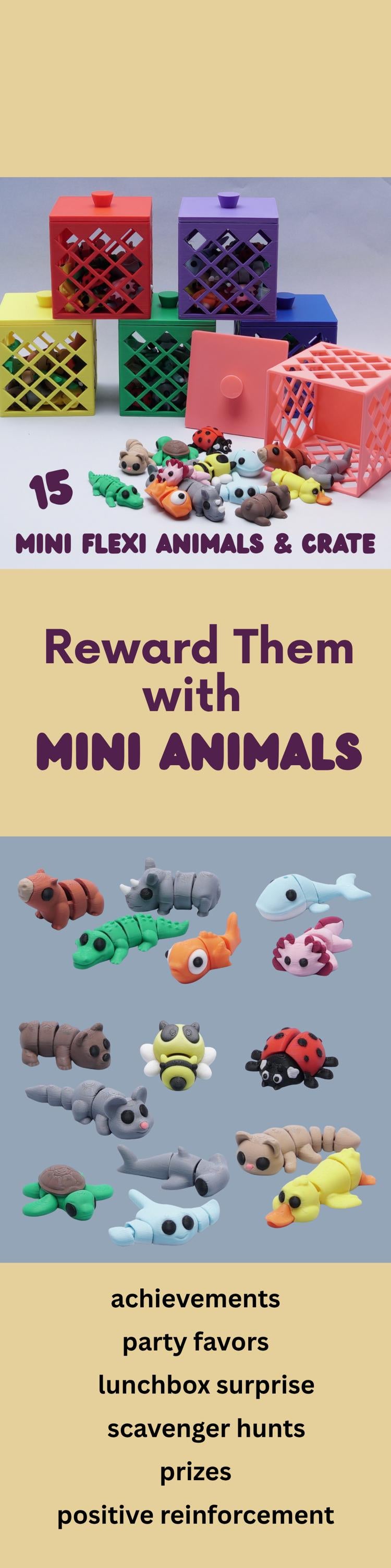 Mini Animal Fidget Toy Set 15 Pocket Pal Baby Animals in 3D Printed Crate Cute Party Favor, Desk Toy, Stress Relief Gift Idea for Kids Teens