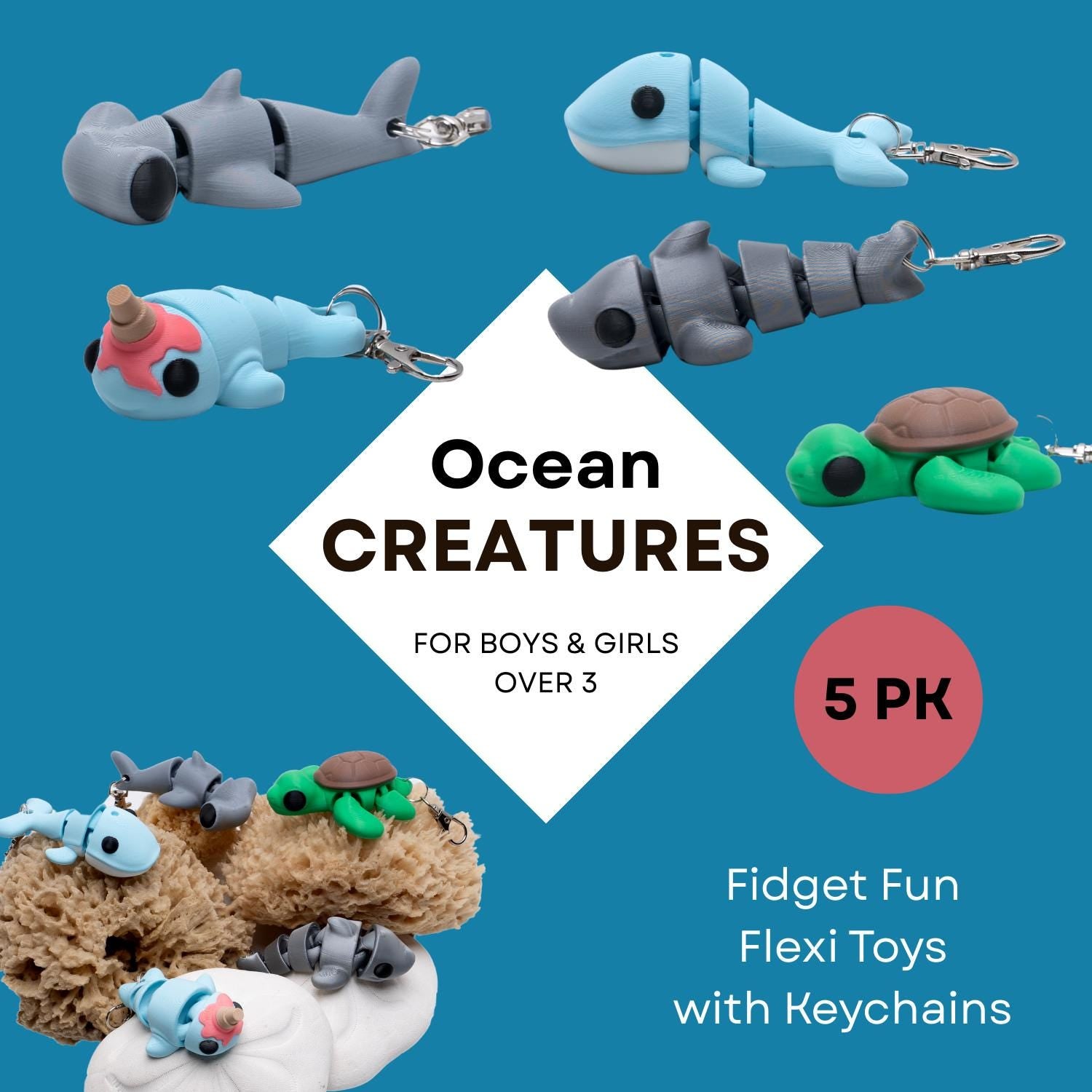 Blue Whale Fidget Flexi Toy Gift for Kids Stress Relief 3D Articulated Whale Keychain Clip for Backpack Belt Camp Fun for Friend Gift Party
