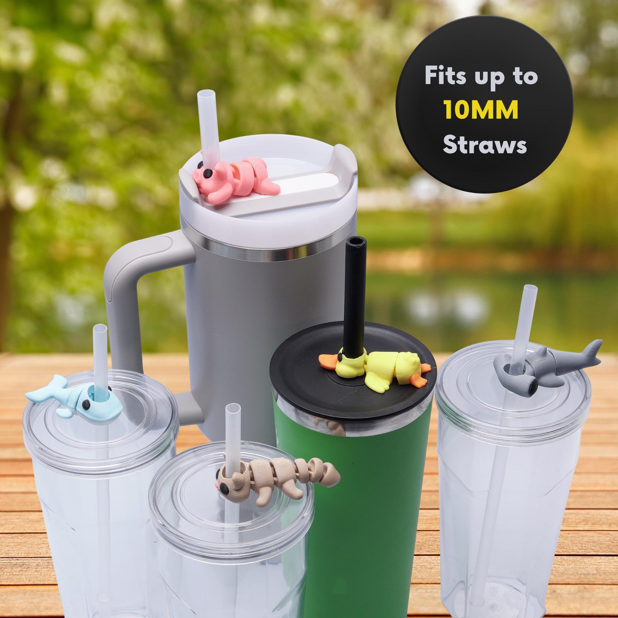 Mini Animal Flexi Straw Topper 5-pk 3D Printed Party Cup Charm Kids Teens Summer and Back to School Straw Topper for Popular Tumbler Gift