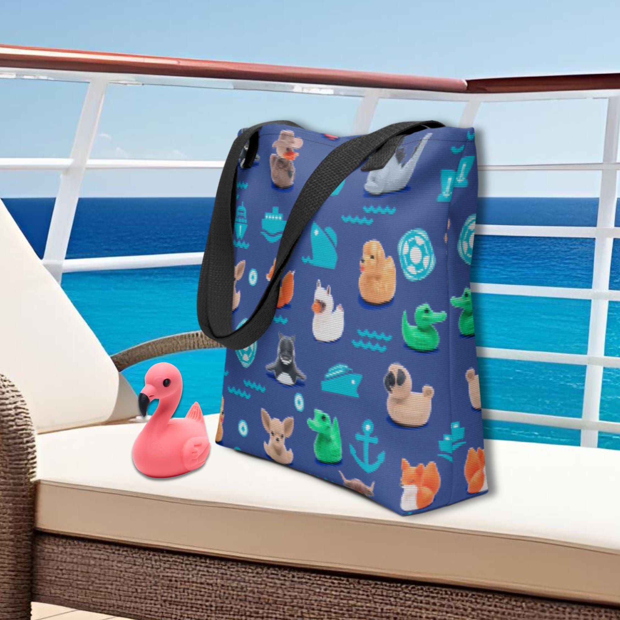 Large Tote Bag with Cruise Ducking Hide and Seek All Over Cruise Duck Pattern on Navy Mock Needlepoint Gift for Honeymoon and Reunion Cruise