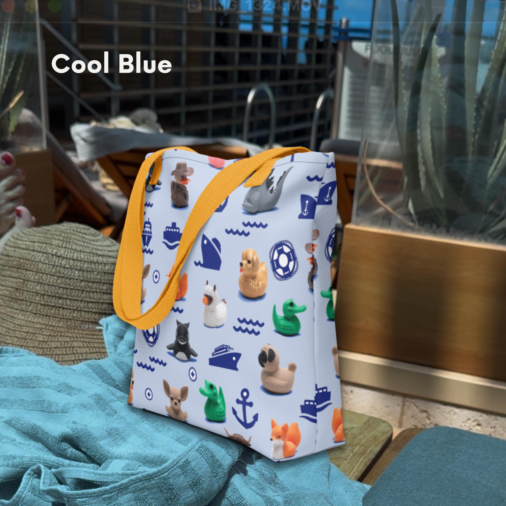 Aqua Tote Bag for Cruise Ducking and Fans of Duck Hide and Seek Cruising Fun Colorful Tote with All Over Cruise Duck Pattern in Aqua Blue