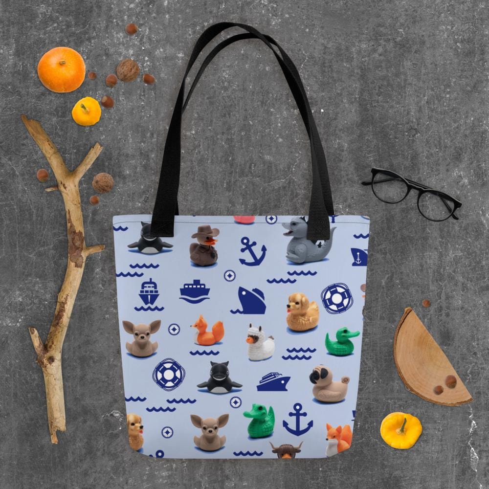 Tote Bag for Cruise Ducking Hide and Seek Bon Voyage Gift Cruise Fun Colorful Tote with All Over Cruise Icons and Duck Pattern Cool Blue