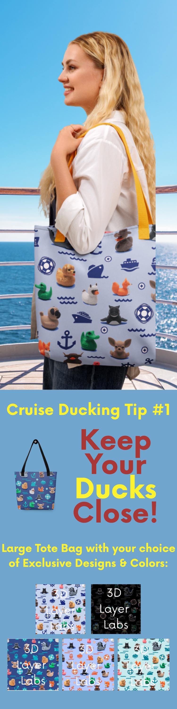 Tote Bag for Cruise Ducking Hide and Seek Bon Voyage Gift Cruise Fun Colorful Tote with All Over Cruise Icons and Duck Pattern Cool Blue
