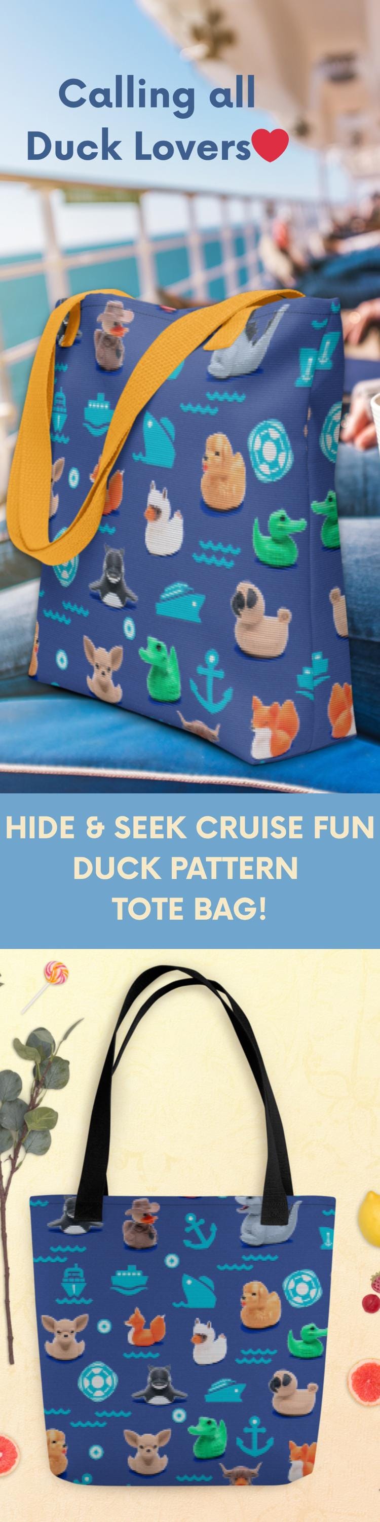 Large Tote Bag with Cruise Ducking Hide and Seek All Over Cruise Duck Pattern on Navy Mock Needlepoint Gift for Honeymoon and Reunion Cruise