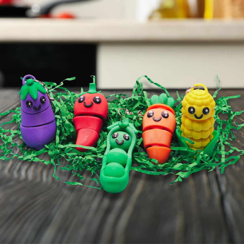Veggie Fidget Flexi 3D Articulating Veggie 5-pk Corn Cob Eggplant PeaPod Carrot Red Pepper Backpack Clip On Charm Funny Gift for Chef Food