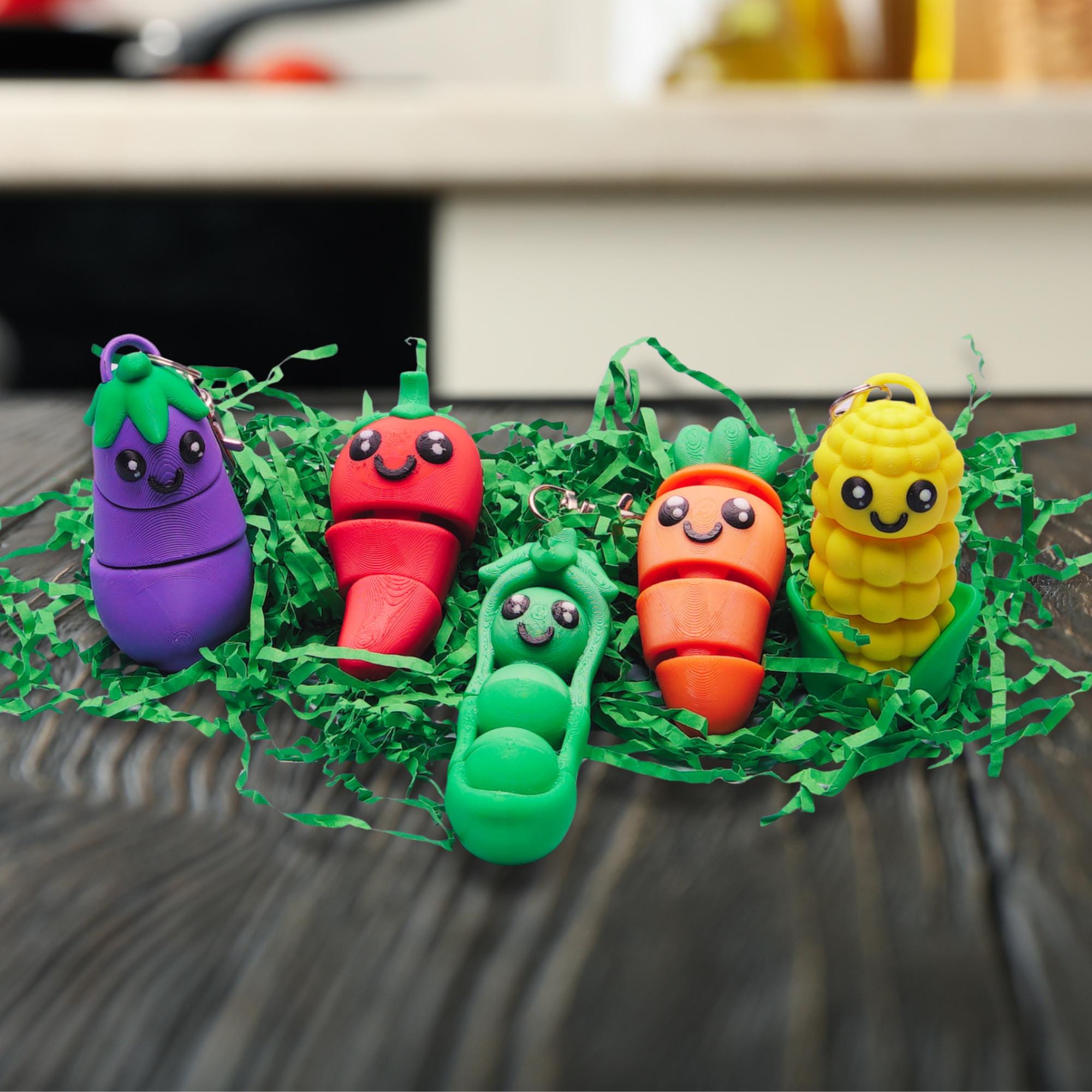 Veggie Fidget Flexi 3D Articulating Veggie 5-pk Corn Cob Eggplant PeaPod Carrot Red Pepper Backpack Clip On Charm Funny Gift for Chef Food