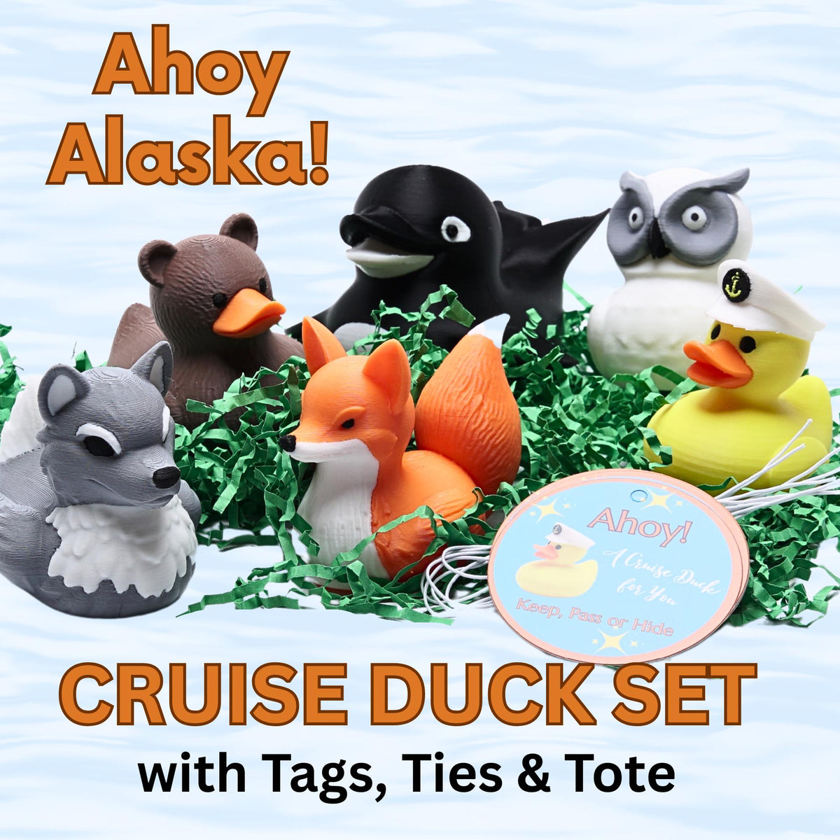 Alaskan Cruise Duck Gift Set 6 Ducks Tags & Ties in Clear Case for Hide and Seek Cruise Ducking Fun Kit Orca Wolf Fox Bear Owl Captain Ducks