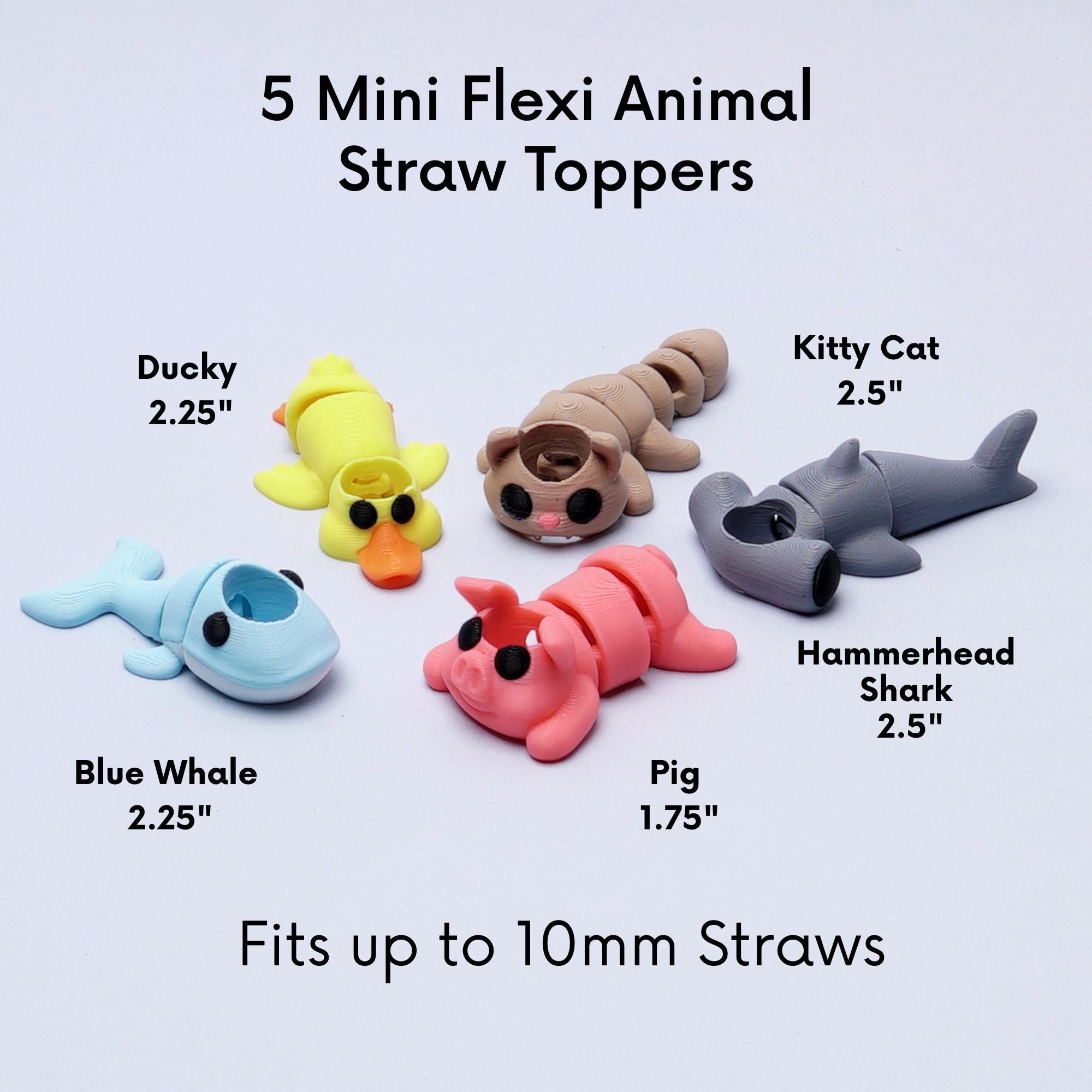 Mini Animal Flexi Straw Topper 5-pk 3D Printed Party Cup Charm Kids Teens Summer and Back to School Straw Topper for Popular Tumbler Gift