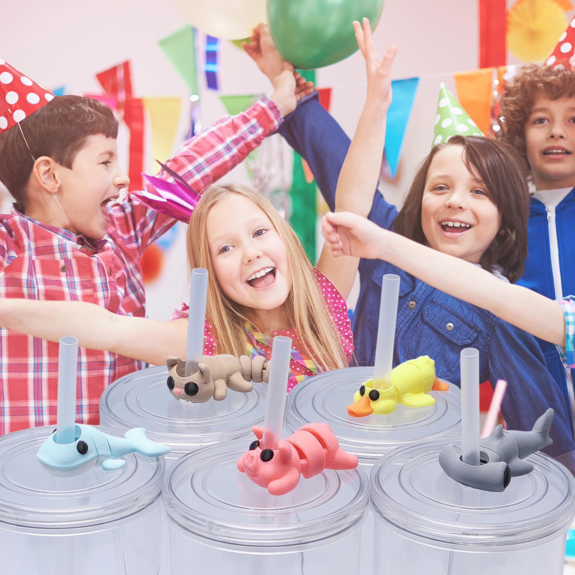 Mini Animal Flexi Straw Topper 5-pk 3D Printed Party Cup Charm Kids Teens Summer and Back to School Straw Topper for Popular Tumbler Gift