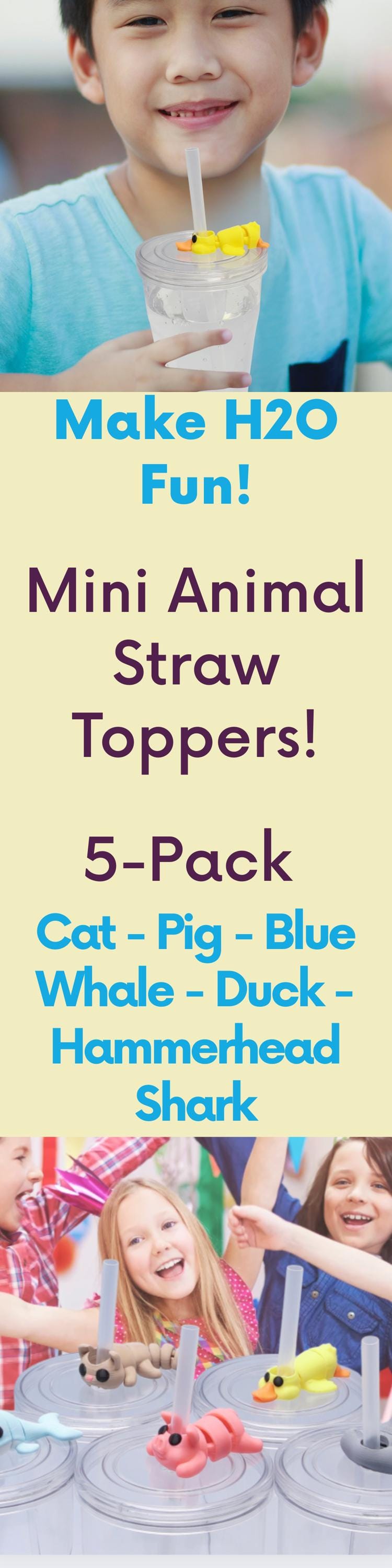 Mini Animal Flexi Straw Topper 5-pk 3D Printed Party Cup Charm Kids Teens Summer and Back to School Straw Topper for Popular Tumbler Gift