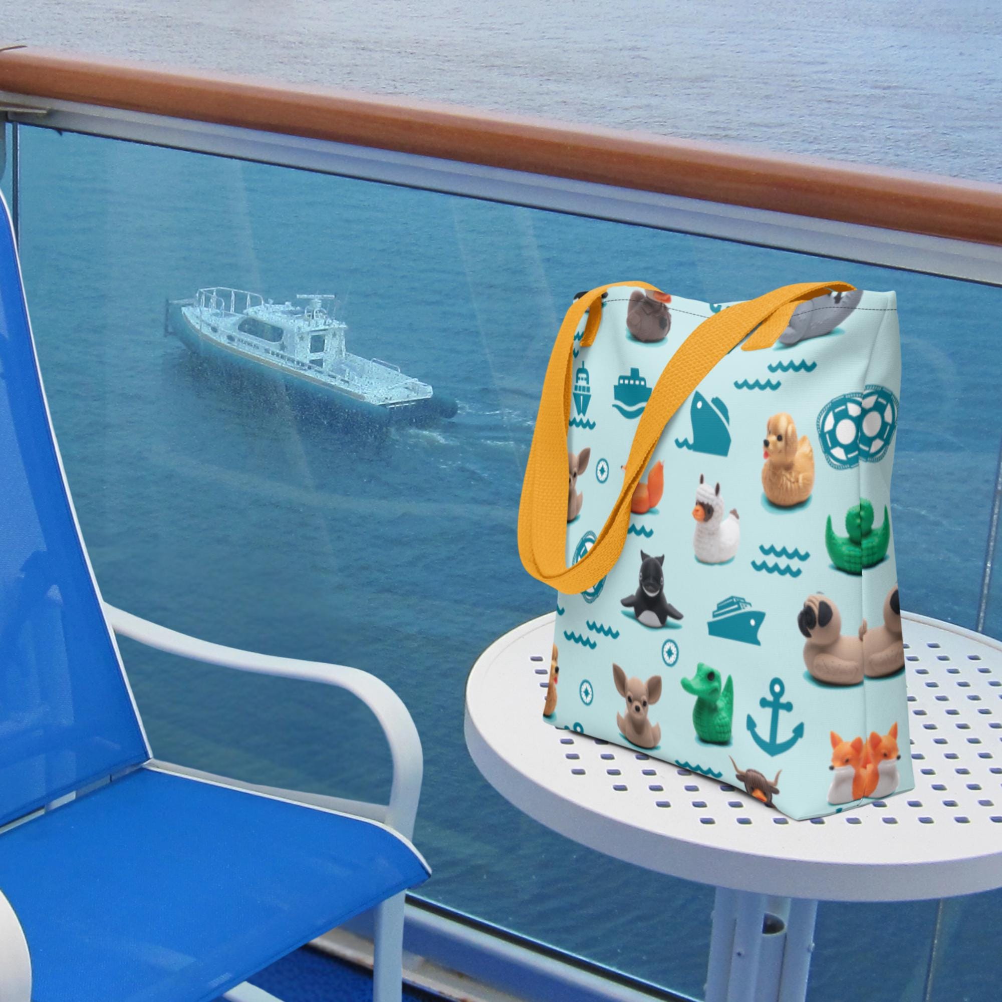 Aqua Tote Bag for Cruise Ducking and Fans of Duck Hide and Seek Cruising Fun Colorful Tote with All Over Cruise Duck Pattern in Aqua Blue