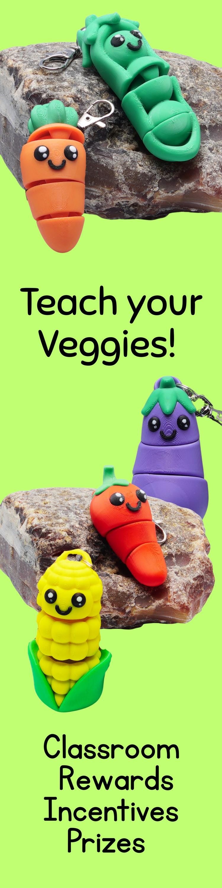 Veggie Fidget Flexi 3D Articulating Veggie 5-pk Corn Cob Eggplant PeaPod Carrot Red Pepper Backpack Clip On Charm Funny Gift for Chef Food