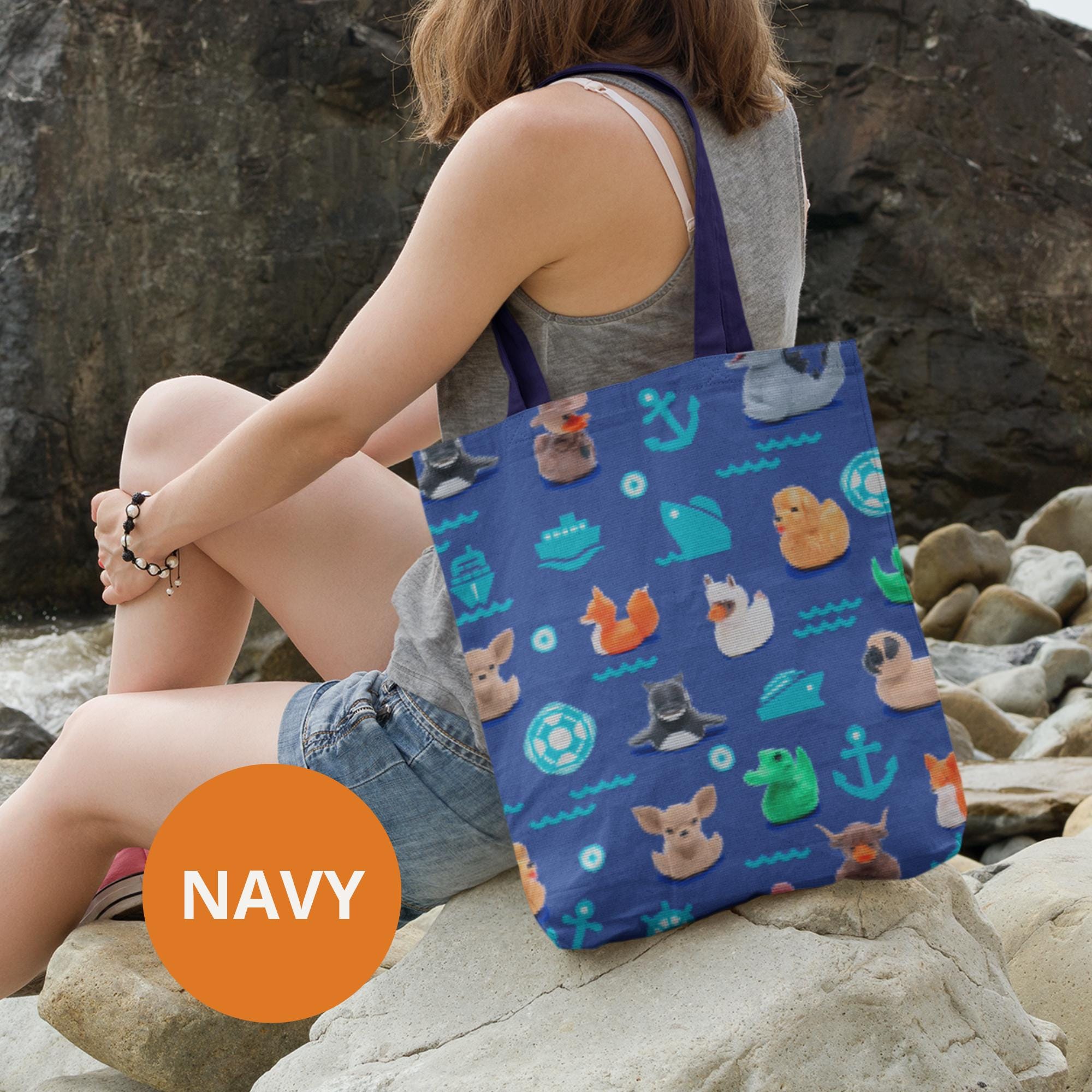 Large Tote Bag with Cruise Ducking Hide and Seek All Over Cruise Duck Pattern on Navy Mock Needlepoint Gift for Honeymoon and Reunion Cruise