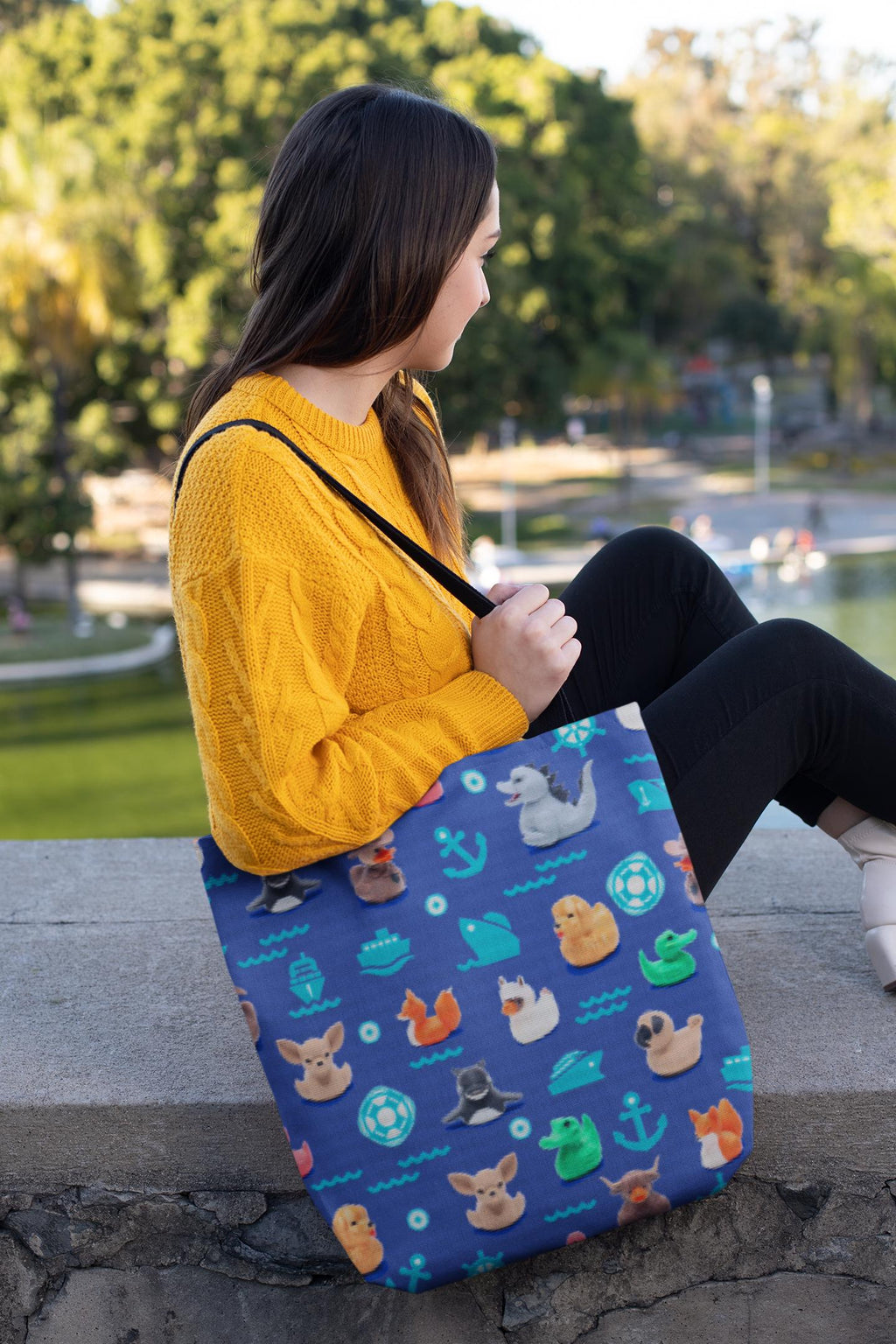 Cruise Ducking Hide and Seek Large Tote Bag with All Over Funny Duck Pattern Gift for Family Reunion Cruise Vacation Duck Storage Carry All