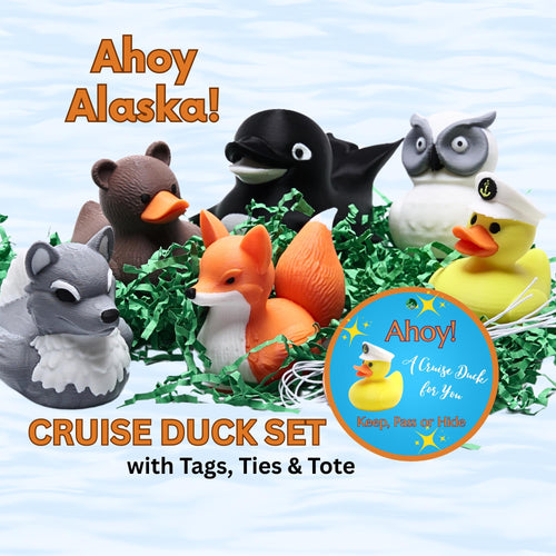 Alaskan Cruise Duck Gift Set 6 Ducks Tags & Ties in Clear Case for Hide and Seek Cruise Ducking Fun Kit Orca Wolf Fox Bear Owl Captain Ducks
