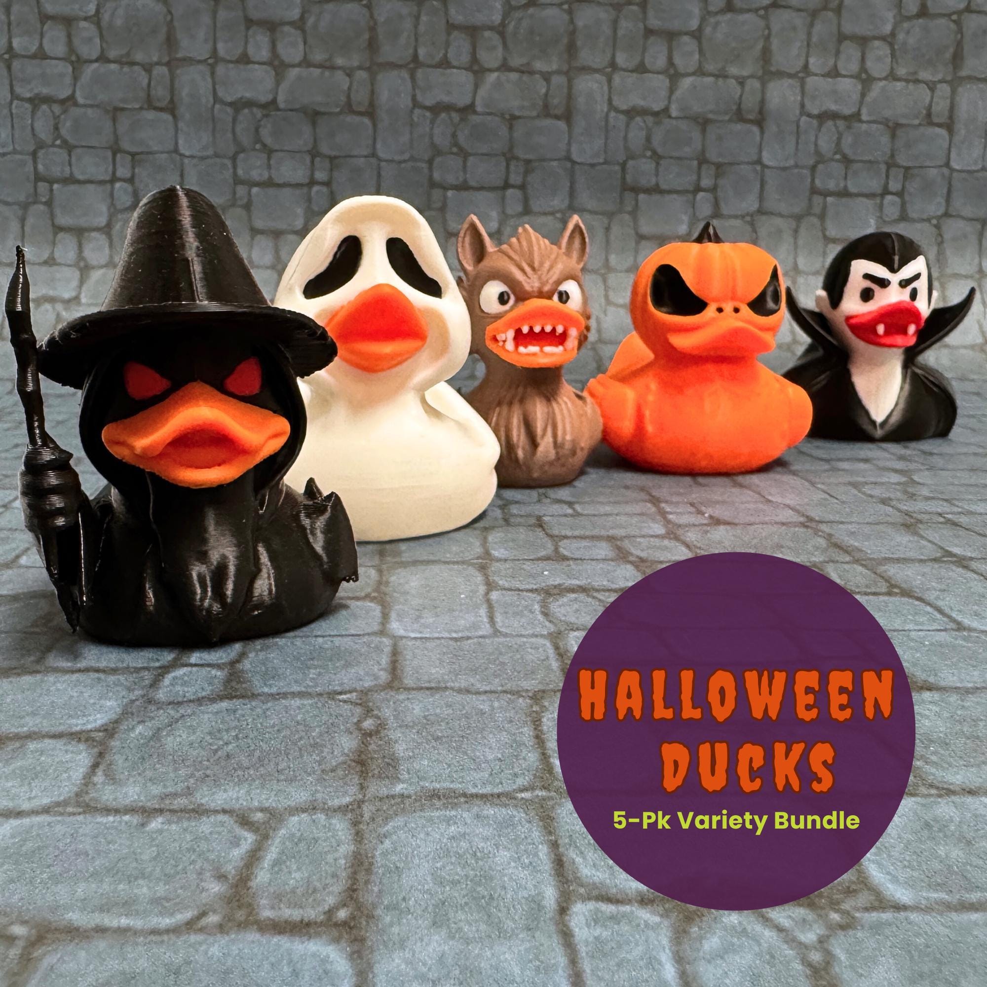 Halloween Duck Gift Set 5 Ducks Tags Ties in Clear Case for 4x4 Truck and Cruise Ducking Fun Kit Vampire Wizard Werewolf Ghost Pumpkin Ducks