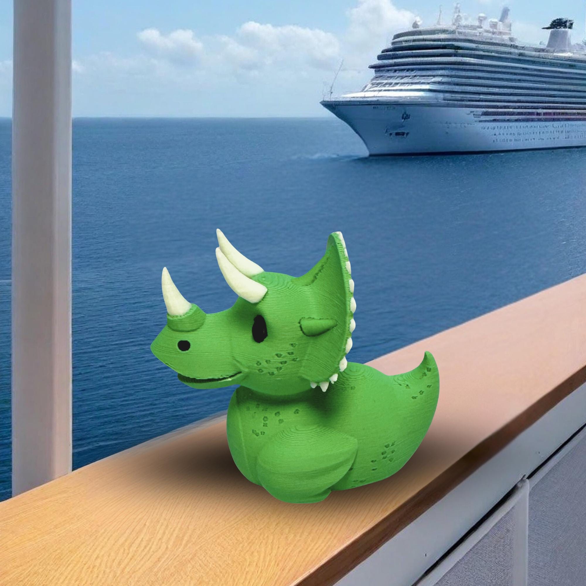 Triceratops Cruise Duck Gift Dinosaur Hide and Seek Duck with Sensory Horns Green Dino Ship Duck Collectible Stress Relief Cruise Keepsake