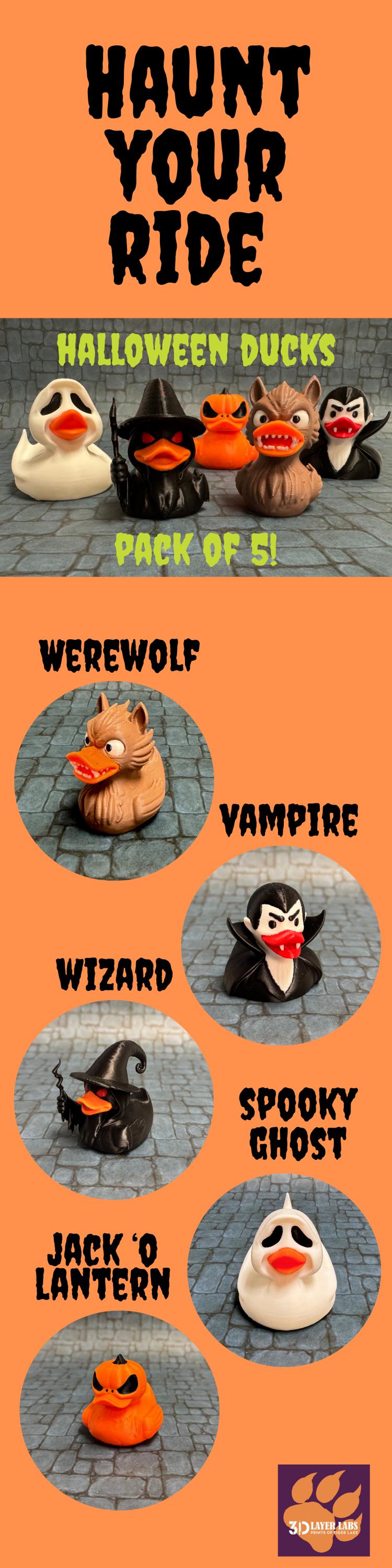 Halloween Duck Gift Set 5 Ducks Tags Ties in Clear Case for 4x4 Truck and Cruise Ducking Fun Kit Vampire Wizard Werewolf Ghost Pumpkin Ducks